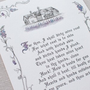 May include: A printed artwork featuring a detailed pen and ink illustration of a cottage with a thatched roof, set against a backdrop of lavender and purple accents. The artwork includes a poem in elegant calligraphy.