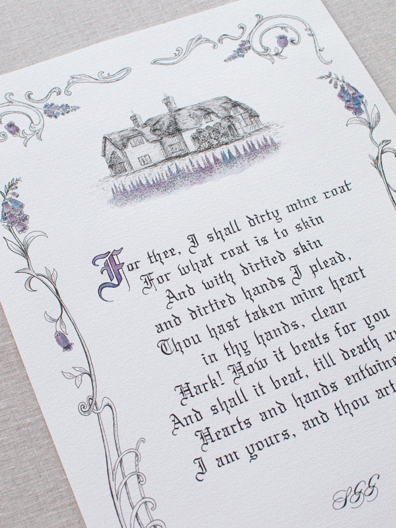 May include: A printed artwork featuring a detailed pen and ink illustration of a cottage with a thatched roof, set against a backdrop of lavender and purple accents. The artwork includes a poem in elegant calligraphy.