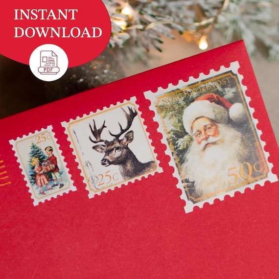 Faux Stamps Download From Santa North Pole Post Pre-Cut Stamp Christmas Stamp Santa Template Stamp Sticker Christmas Postage Holiday Stamp