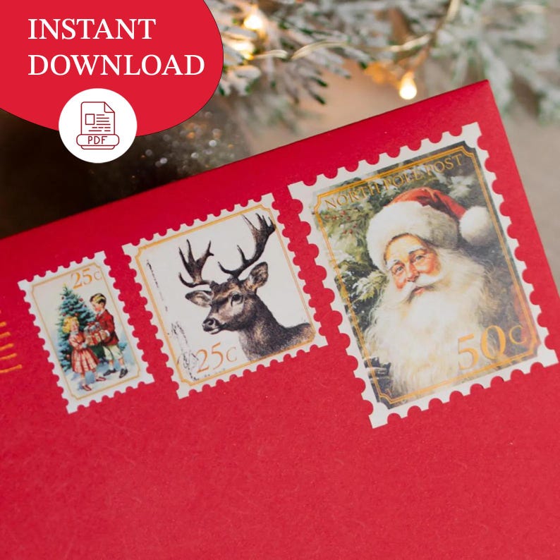Faux Stamps Download From Santa North Pole Post Pre-Cut Stamp Christmas Stamp Santa Template Stamp Sticker Christmas Postage Holiday Stamp image 1