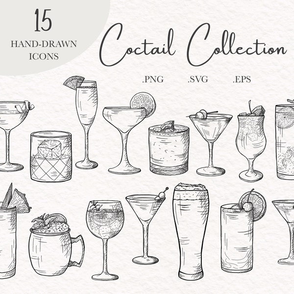 Illustration de cocktail signature Clipart cocktail dessiné à la main Enseigne de boisson signature, signe de boisson, mariage, menu, signe bar, cocktail