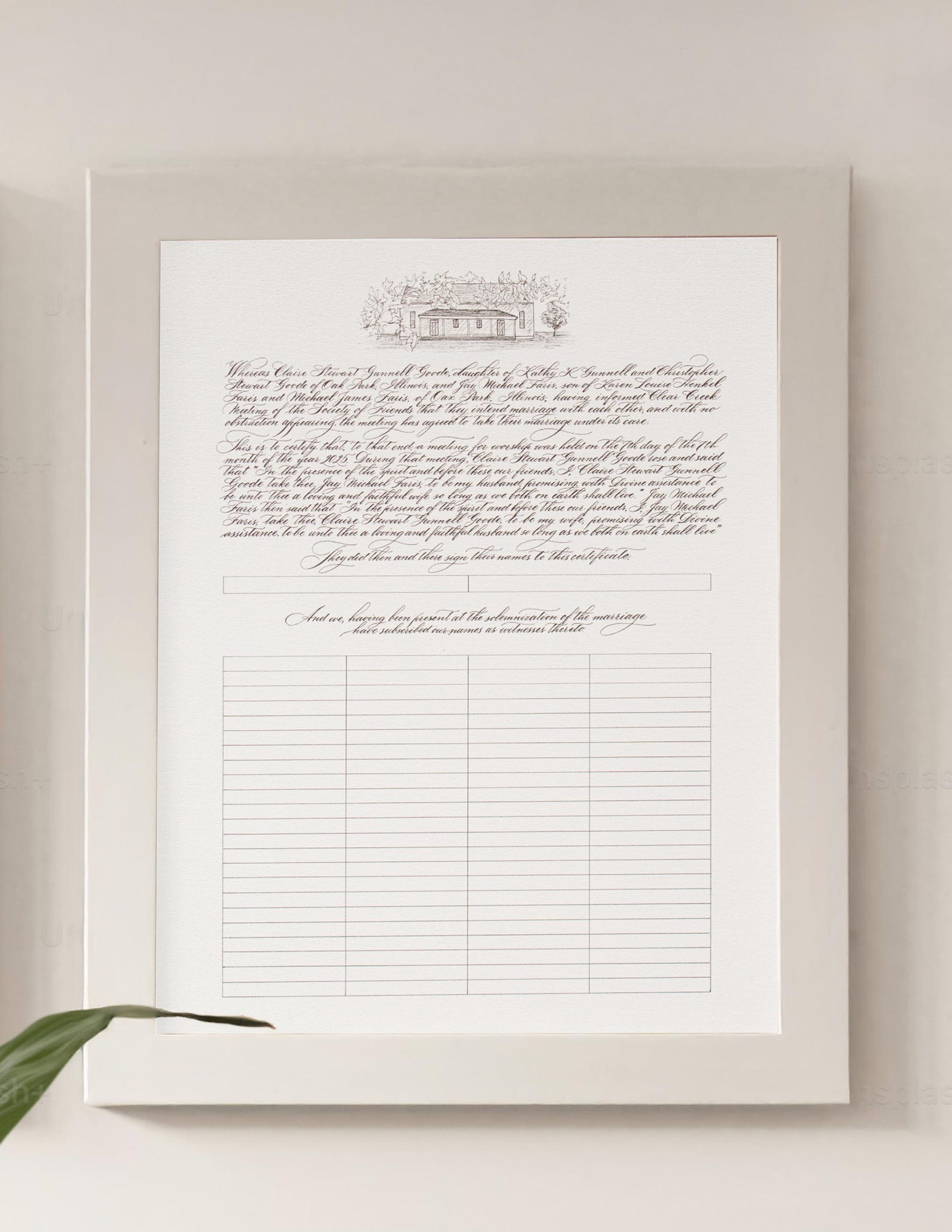 Custom Quaker Marriage Certificate Wedding Document Wedding Scroll