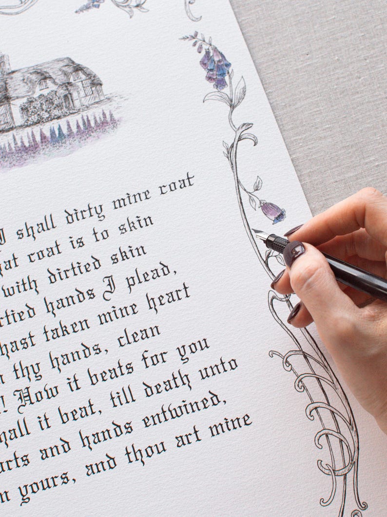 Handwritten Calligraphy Poem Gothic Script Artwork Poetry Lover Gift Heirloom Calligraphy Art Bespoke Poem Art Cottage Illustration Poster