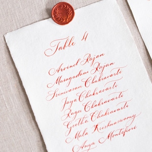 Może przedstawiać: Biała karta z czerwonymi kaligraficznymi napisami, z tekstem "Table 4" i nazwiskami. Czerwona pieczęć woskowa z motywem wieńca laurowego jest przymocowana na górze. Karta leży na neutralnej lnianej powierzchni.