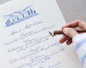 May include: A handwritten note with blue ink on white paper. The note says "Sara & Matt Wishes" and includes a blue ink drawing of mountains and trees. The note continues with a list of wishes for the couple, including "Treasure the whispers that bounce between you", "Cultivate open hearts with shared dreams", "a place for weird little worlds", "Listen closely as you grow through challenges", "Togetherness", "The and gently push one another towards being better", "Fun moments".