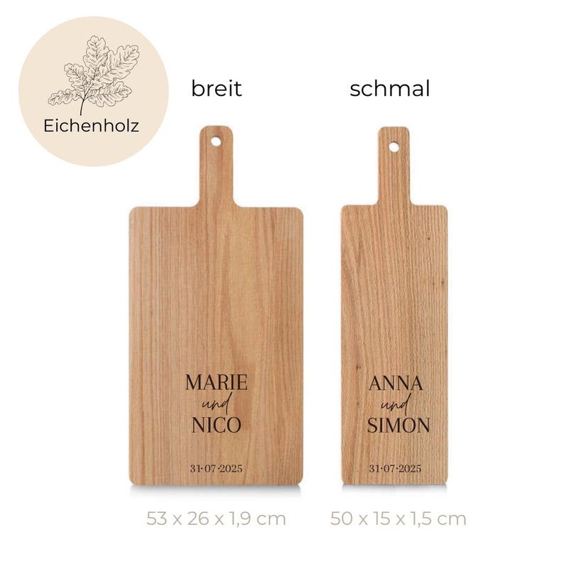 May include: Two wooden cutting boards with handles. The larger board is 20.87 x 10.24 x 0.75 inches, and the smaller is 19.69 x 5.91 x 0.59 inches. Each board has engraved names and a date. The text "Eichenholz" is in a circle.