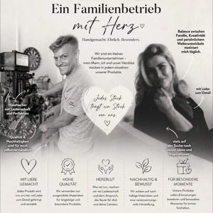 May include: Black and white image of a family-owned business with the text "Ein Familienbetrieb mit Herz". The image features two people, tools, and icons with text describing the business's values: handmade, quality, and sustainability.
