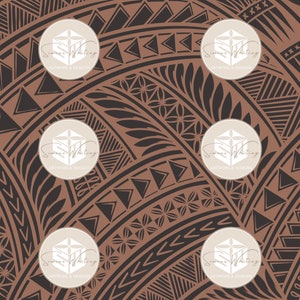 May include: A seamless pattern featuring a brown background with black geometric designs. The pattern includes triangles, curved lines, and floral motifs. The text "Samoa Whiting Artwork & Designs" appears in a circle in the corners of the pattern.