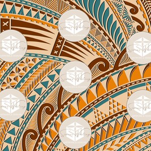 May include: A digitally created pattern featuring a repeating design in shades of brown, orange, and teal on a beige background. The pattern includes geometric shapes, lines, and tribal-inspired motifs. The text "Simone Whiting ARTWORK & DESIGNS" is visible.