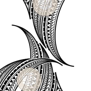 Può includere: Design astratto in bianco e nero con linee curve e motivi dettagliati. Due cerchi traslucidi sovrapposti al design. L'opera d'arte ha un'estetica tribale o polinesiana, adatta per arte murale o design tessile.