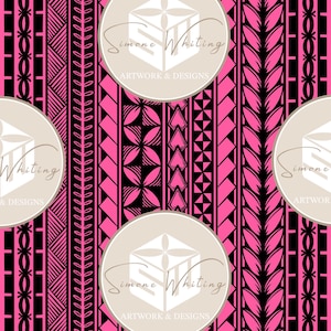 May include: A repeating pattern featuring vertical stripes in black and hot pink. The design incorporates geometric shapes, floral motifs, and stylized leaf patterns. The image includes the text "Simone Whiting ARTWORK & DESIGNS" in a circular logo.
