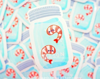 TRANSPARENT shrimp in a jar sticker - transparent blue sticker with opaque shrimp prawns magical sparkles jar