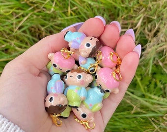 Tiny boy polymer clay charm. OLI BOI full body kawaii spring clay charm handmade hand painted glitter, 3 DESIGNS, smol hooman charm.