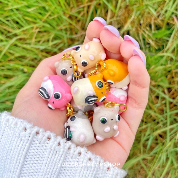 cute HAMSTER polymer clay charm. Kawaii hamster hammy pet clay charm handmade hand painted glitter, pink hamster, choose your design!