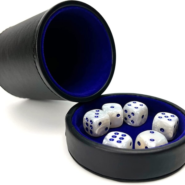 Luck Lab Black Leather Dice Cup with Lid Including 6 Matching Pearl Dice - Blue Velvet Interior for Quiet Shaking -