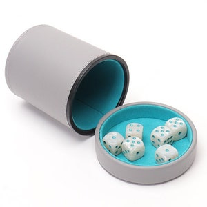 Luck Lab Grey Leather Dice Cup with Lid Including 6 Pearl Dice and teal pips - Velvet Interior - Liars Dice Farkle Yahtzee, Grey