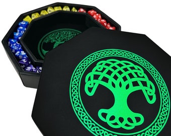 Luck Lab 8 Inch Dice Tray – Black and Green - with Lid and Dice Staging Area for RPG Table Top Gaming- Tree of Life Design