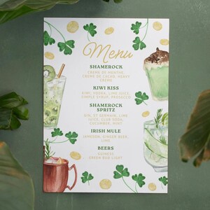 Menu koktajli na dzień św. Patryka, edytowalny drukowany znak baru, lista drinków na irlandzką imprezę, koniczyna, menu drinków na dzień św. Patryka, drinki w irlandzkim stylu