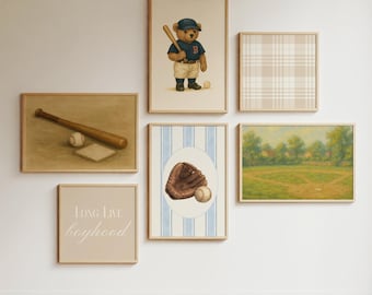 Väggkonst med vintage nallebjörn och basebolltema, barnrum med sportbjörn, barnrumstavlor med baseboll, björnbabyshower, vintagesporter, björntryck