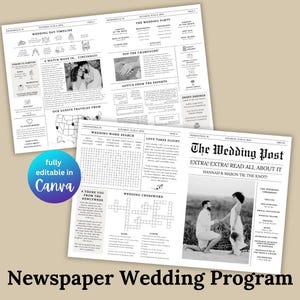 Può includere: Un modello di programma di nozze in bianco e nero in stile giornale con il titolo "The Wedding Post" e il testo "Extra! Extra! Leggi tutto su Hannah & Mason si sposano!" Il programma include una sequenza temporale del giorno del matrimonio, un elenco degli invitati al matrimonio, consigli di esperti, una ricerca di parole di matrimonio, una sezione sull'amore che prende il volo, un cruciverba di matrimonio e un ringraziamento degli sposi.
