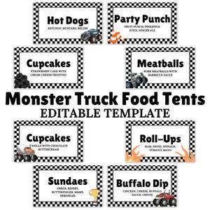 Monster Truck Food Tent Karten, bearbeitbare Partyetiketten, Monster Truck Geburtstagsfeier, Lebensmitteletiketten, Monster Jam Tischkarte, druckbares Lebensmittelzelt
