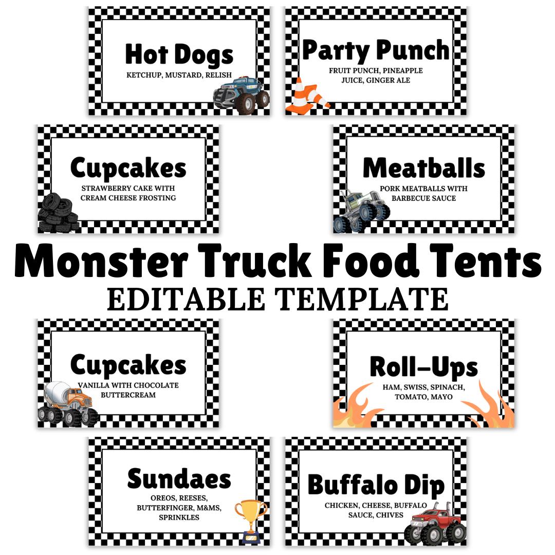 Monster Truck Food Tent Cards, Editable Party Labels, Monster Truck Birthday Party, Food Labels, Monster Jam Place Card, Printable Food Tent
