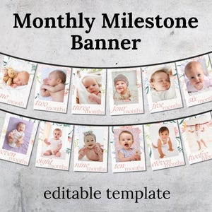 Tema She's a Wild ONE, pancarta editable para el primer cumpleaños, letrero de cumpleaños imprimible DIY, pancarta con fotos mensuales, hitos mensuales