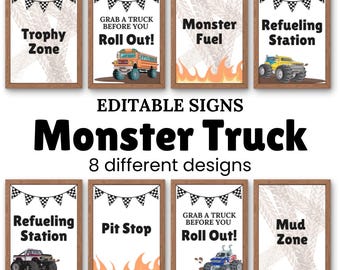 Letreros para fiesta de cumpleaños de Monster Truck, plantillas editables, 8 diseños, descarga instantánea, tema de cumpleaños de Monster Truck, Smash Bash, todoterreno, bricolaje