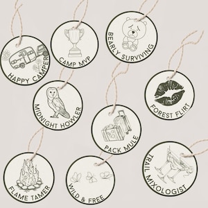 Étiquettes pour insigne du mérite du camp EVJF, étiquettes de faveur du camp EVJF, Last Trail Before the Veil, PNC, Camp Bach, étiquette cadeau, modèle