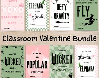 May include: Set of ten printable Valentine's Day cards featuring a Wicked Witch of the West theme. The cards are pink and green with black text and illustrations. The text on the cards includes phrases like "You're so popular" and "Have a wicked awesome Valentine's Day".