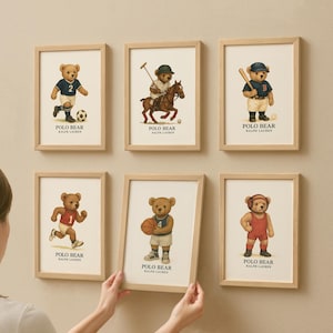 Vintage Ralph Lauren Polo-Bär-Wand-Kunstdrucke, Polo-Bär-Kinderzimmer-Drucke, Vintage Sport-Kinderzimmer-Drucke, Ralph Lauren-Babyparty-Dekor, Kinderzimmer