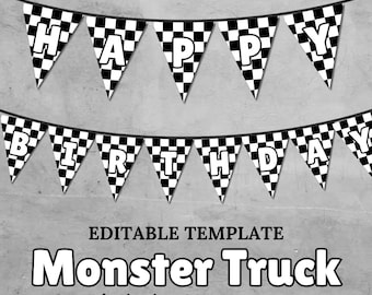 Monster Truck Birthday Banner, Checkered Flag Party Decor, Editable Happy Birthday Banner, Race Car Theme, Instant Download, Monster Jam