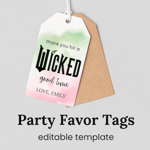 Etiquetas de regalo para fiesta de cumpleaños de Wicked, etiquetas de regalo para fiesta, paquete de cumpleaños de Wicked, paquete de cumpleaños de Wicked, plantilla, imprimible, editable, tarjeta de regalo