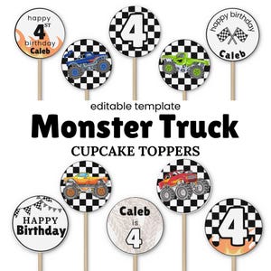 Monster Truck Cupcake Toppers, Editable Canva Templates, 10 Designs, Instant Download, Monster Truck Birthday Decorations, Monster Jam