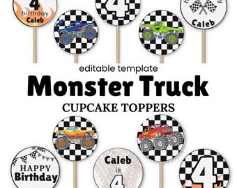 Monster Truck Cupcake Toppers, Editable Canva Templates, 10 Designs, Instant Download, Monster Truck Birthday Decorations, Monster Jam