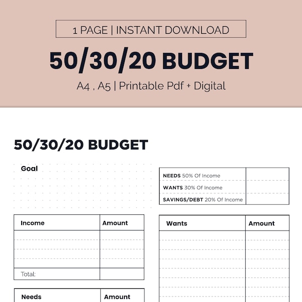 50/30/20 Budget Template Printable, Monthly Budget Planner 50/30/20 Rule, Income & Expense Money Management Worksheet, Cash Flow