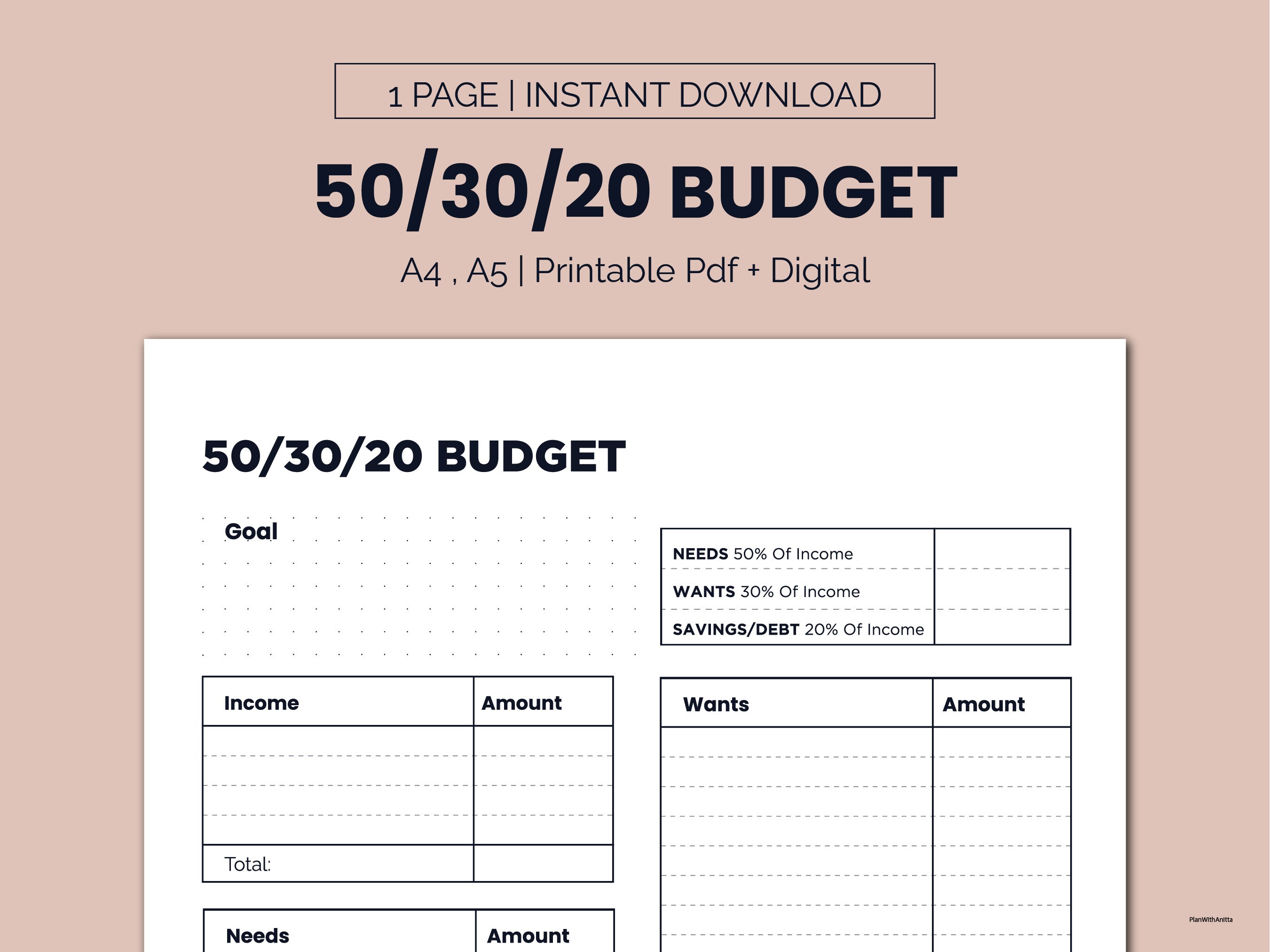 50 30 20 Budget Template Printable Monthly Budget Planner 50 30 20 