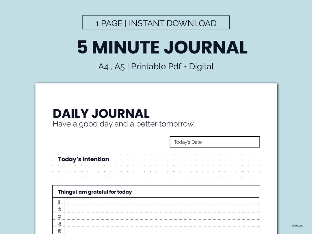 5 Minute Journal, Digital Gratitude Journal, Self Reflection Journal ...