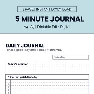 5 Minute Journal, Digital Gratitude Journal, Self Reflection Journal, Gratitude Prompts, daily gratitude journal, self care planner