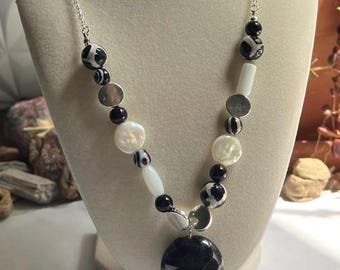 Black, White, and Silver Beaded Necklace