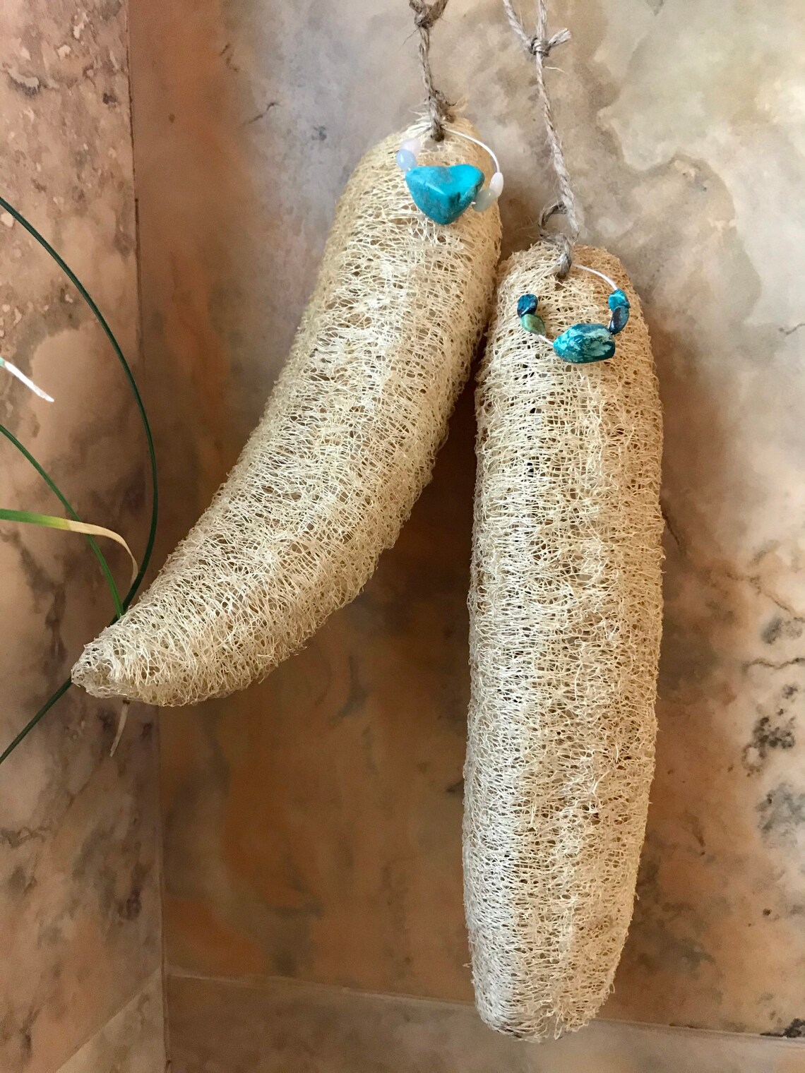 Two natural loofah sponges with gem charms Etsy