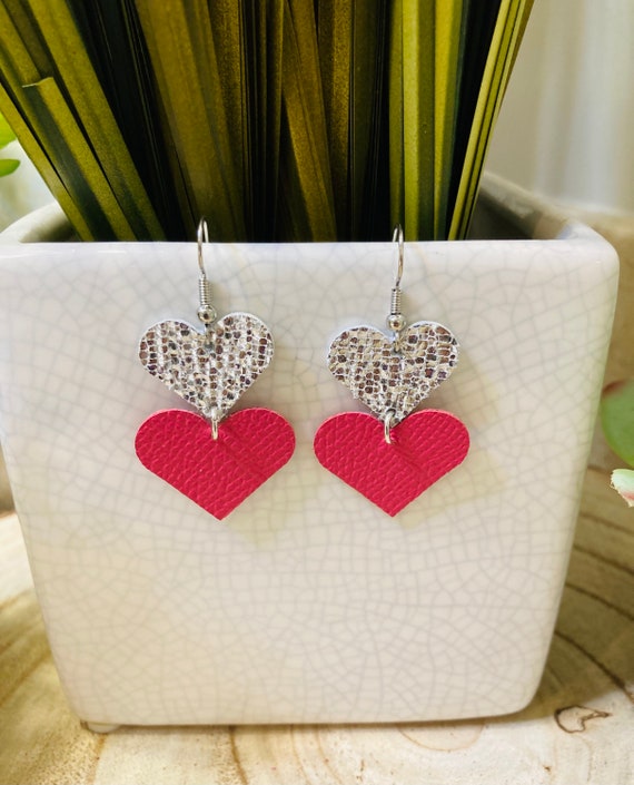 Valentine Heart Leather Earrings Heart Shaped Earrings Pink
