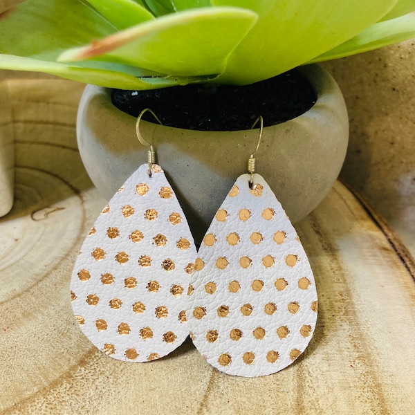 White and rose gold metallic dot genuine leather earrings | Teardrop leather earrings | Fall earrings