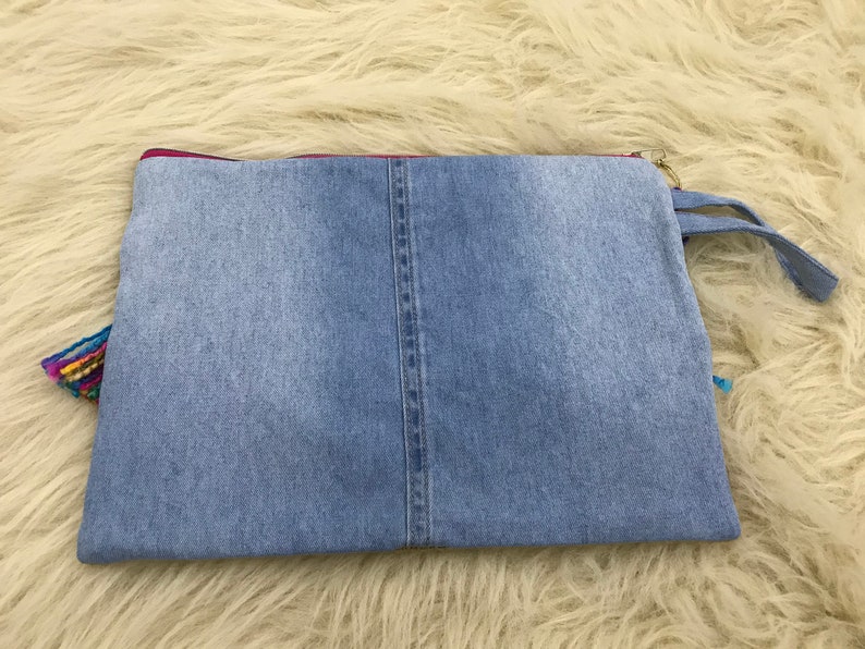 Tasseled bag Hand embroidered recycled jeans bag Casual bag Denim clutch bag Recycled bag Straw bag