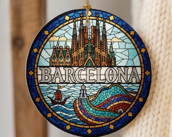Barcelona Stained Glass Effect Ornament, Barcelona Skyline Ornament, Spain Travel Souvenir, Barcelona Christmas Gift