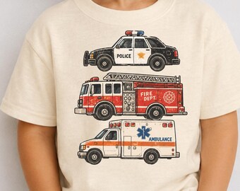 Retro Emergency Vehicles Kids Shirt, Firetruck Police Car Ambulance T-Shirt, First Responder Toddler Tee, Boys Rescue Vehicle Shirt