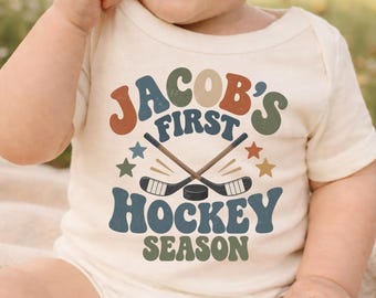 Personalized First Hockey Season ONESIES® Brand Bodysuit, Custom Name Baby Hockey Bodysuit, Baby Boy Hockey Outfit, Hockey Baby Gift