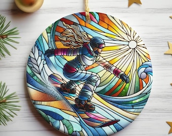 Snowboarding Girl Ornament, Stained Glass, Snowboarder Ornament, Winter Adventure, Sport Hobby, Snowboard Lover, Snowboarding Christmas Gift