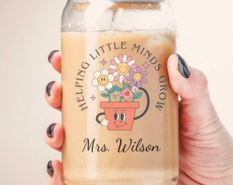 Personalized Teacher Iced Coffee Cup, Teacher Gift, Teacher Appreciation Gifts, Coffee Cup, Back To School, 16oz Glass Bamboo Lid Cup Gift