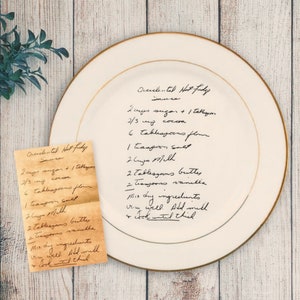 CERAMIC Handwritten Recipe Gold Trim Plate, Glass Personalized Recipe Plate, 8&quot; or 10&quot; Customized Plate, Custom Plate Keepsake, Mothers Day